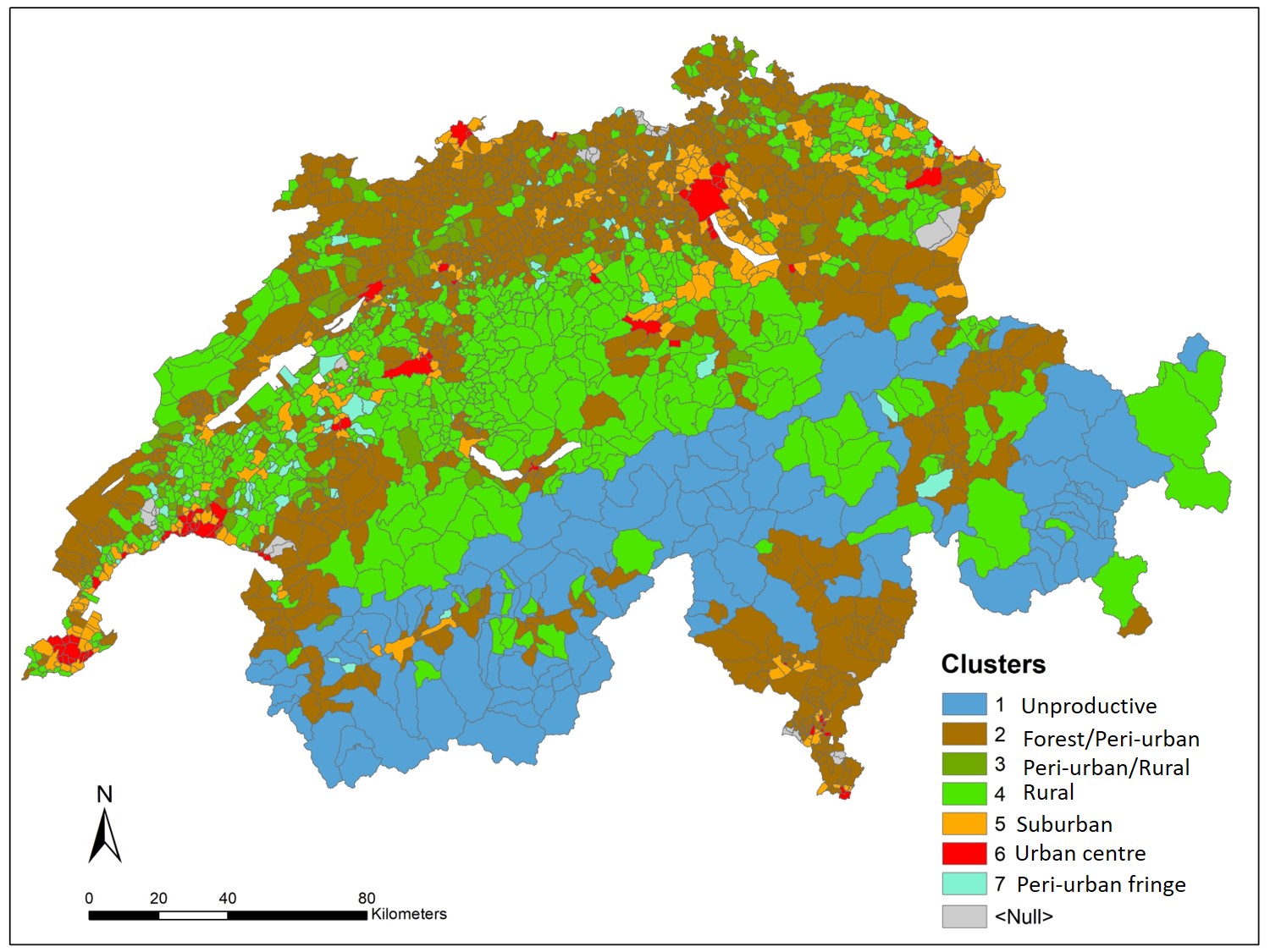 Spatial pattern distribution of Swiss poputaion census \label{Clusters_7}